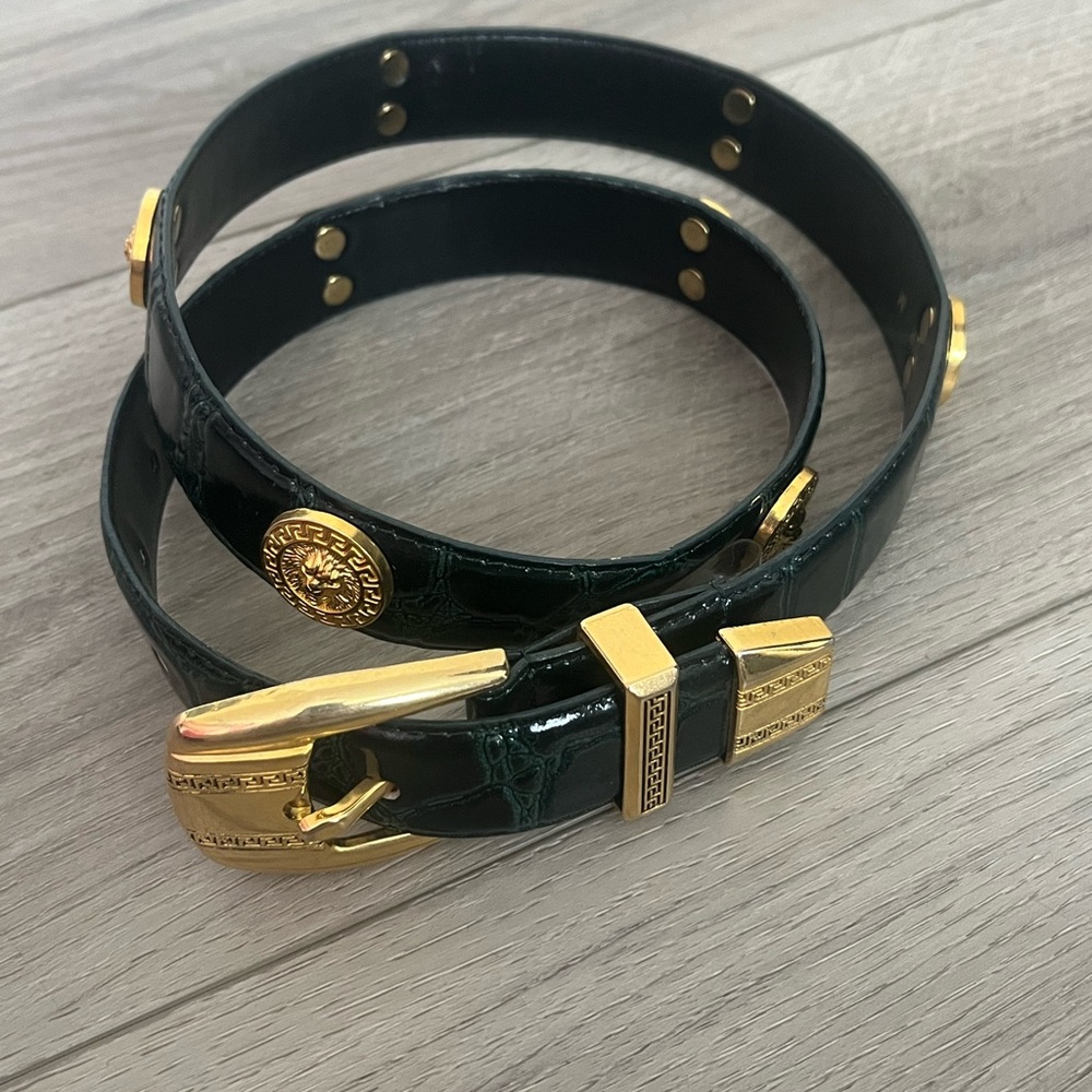 Vintage #11/4 Gator Genuine Leather M Green/Black Belt w Gold‎ Roman studs
